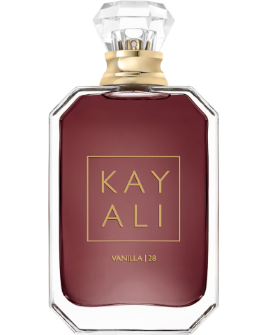KAYALI Vanilla 28 Fles voor parfum Kay Ali, met een donkerrode vloeistof en gouden accenten.